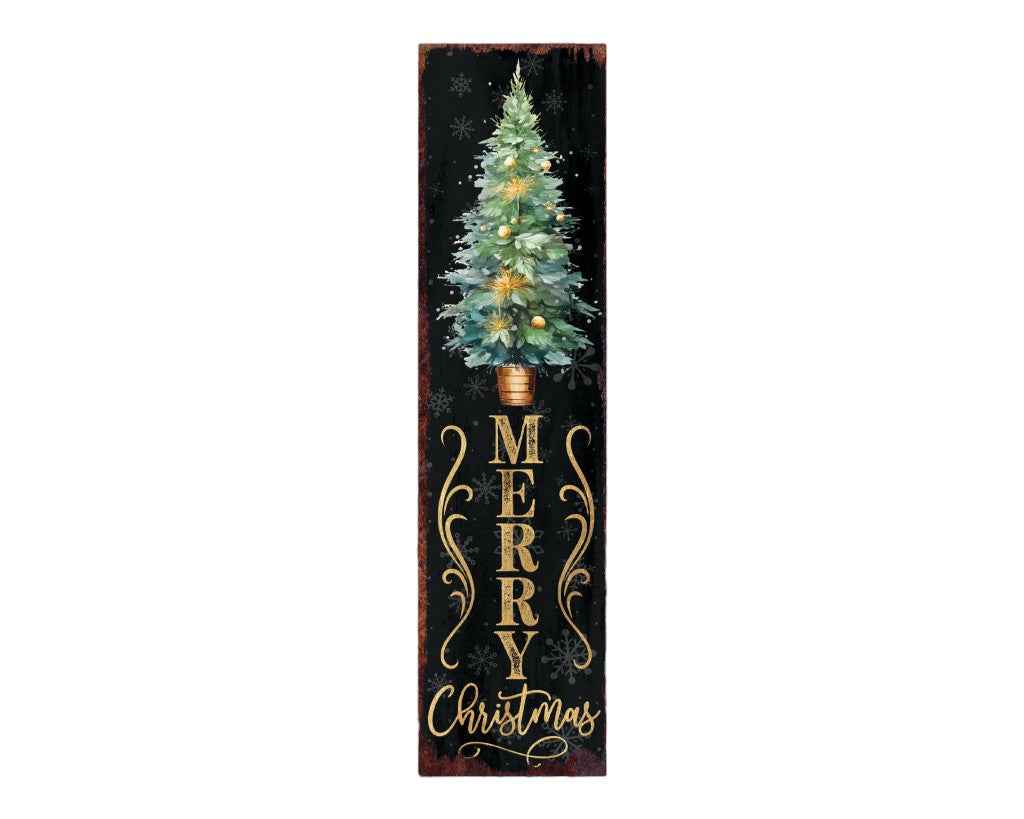 36" Black Gold And Green Christmas Tree Solid Wood Porch Sign
