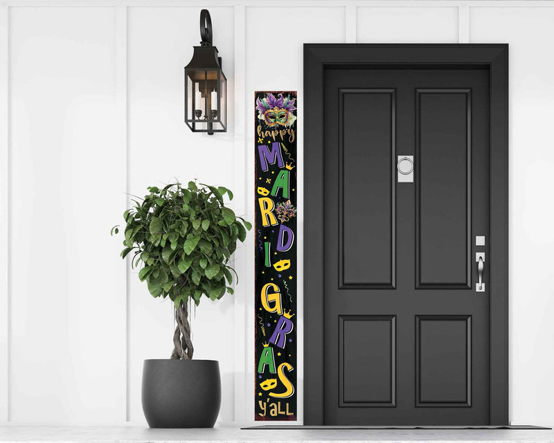 72" Black Purple Green And Yellow Mardi Gras Fireworks Solid Wood Porch Sign