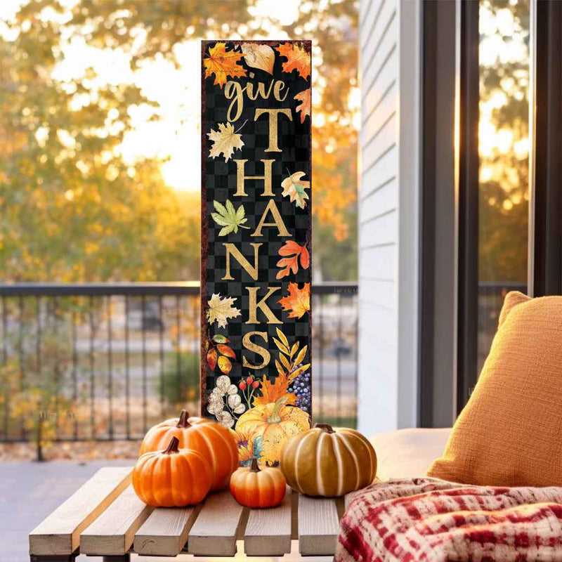 36" Black Gold And Orange Thanksgiving Autumn Leaves Solid Wood Porch Sign