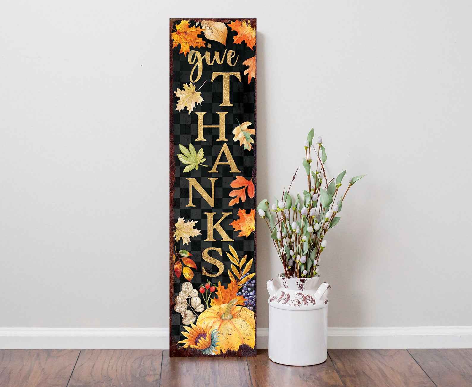 36" Black Gold And Orange Thanksgiving Autumn Leaves Solid Wood Porch Sign