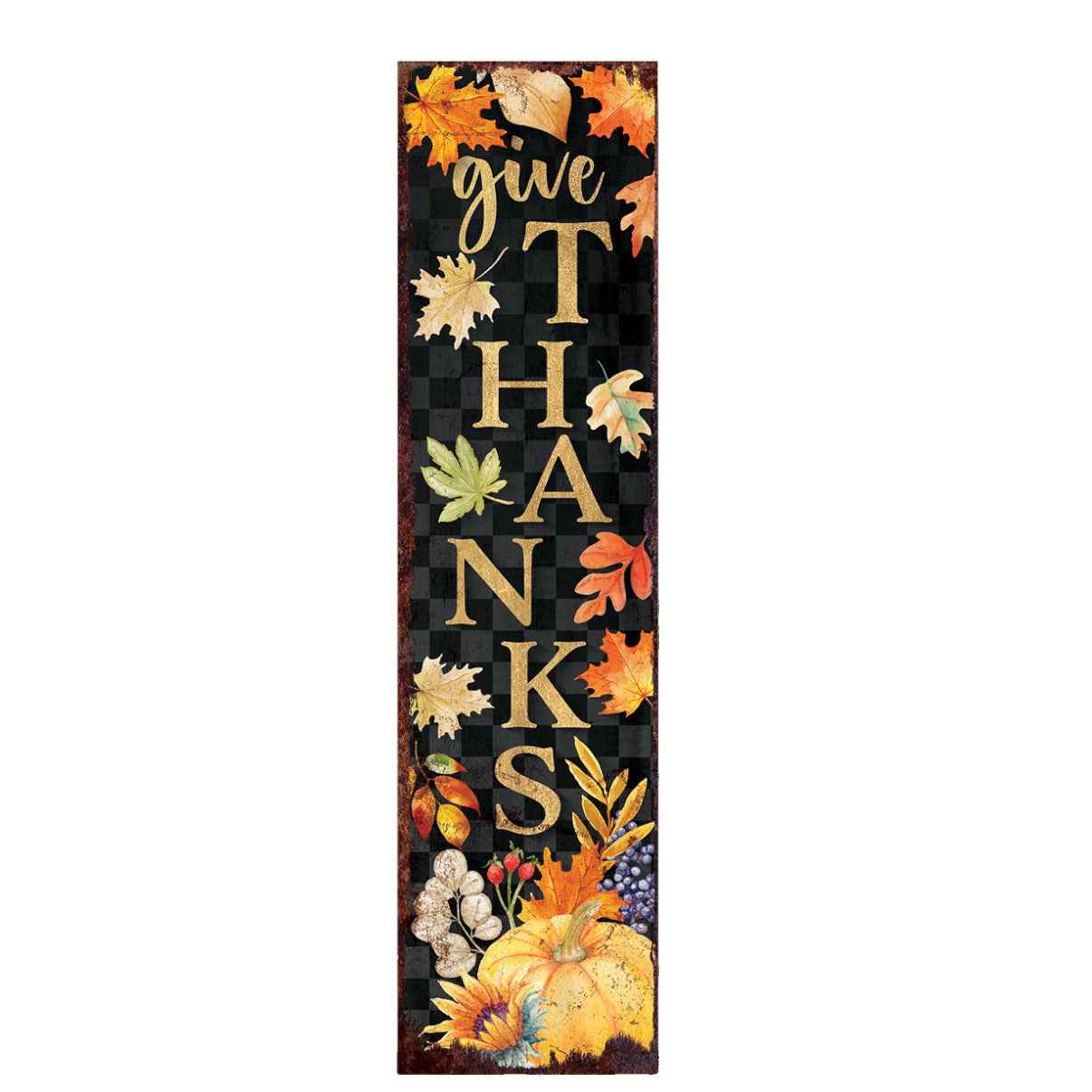 36" Black Gold And Orange Thanksgiving Autumn Leaves Solid Wood Porch Sign