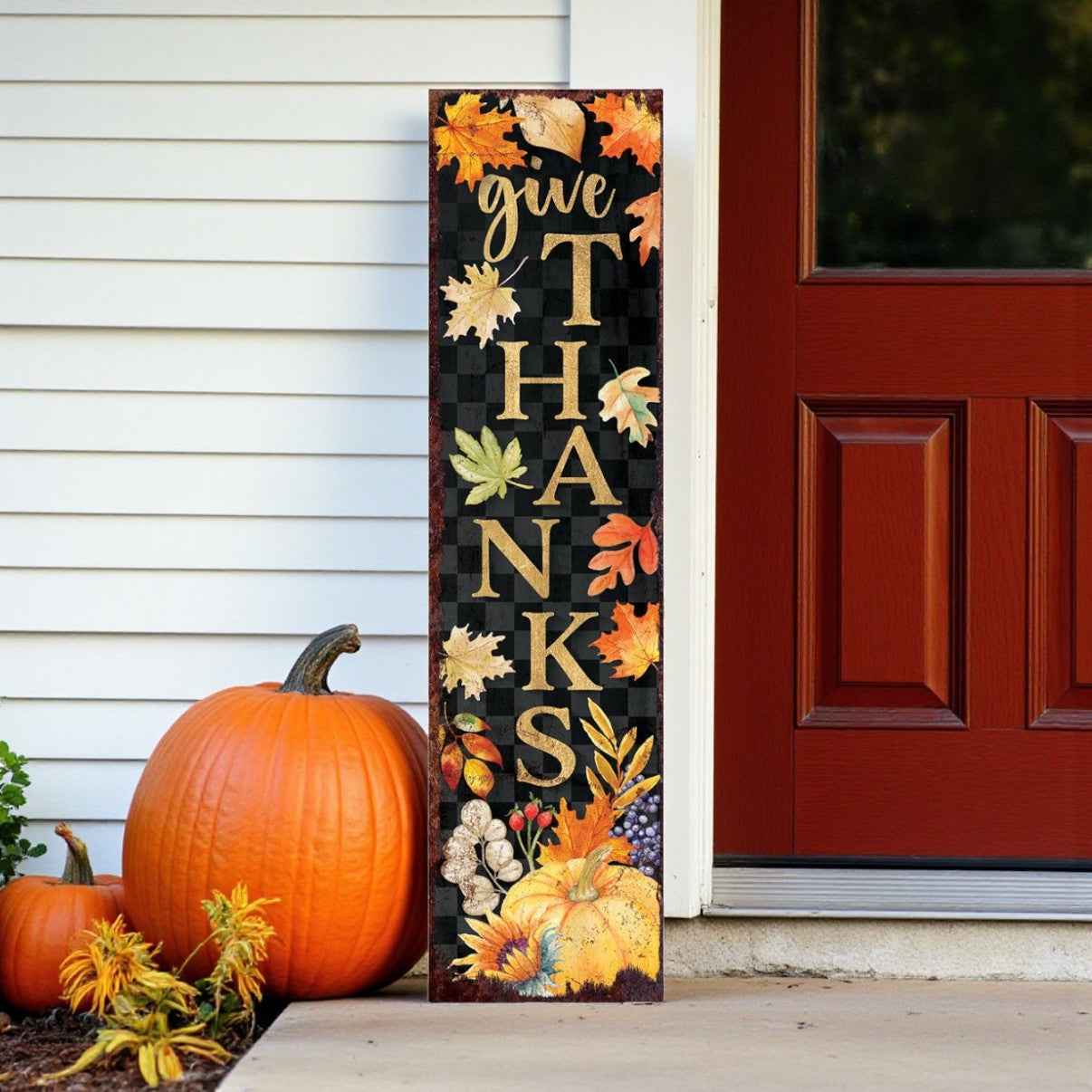36" Black Gold And Orange Thanksgiving Autumn Leaves Solid Wood Porch Sign