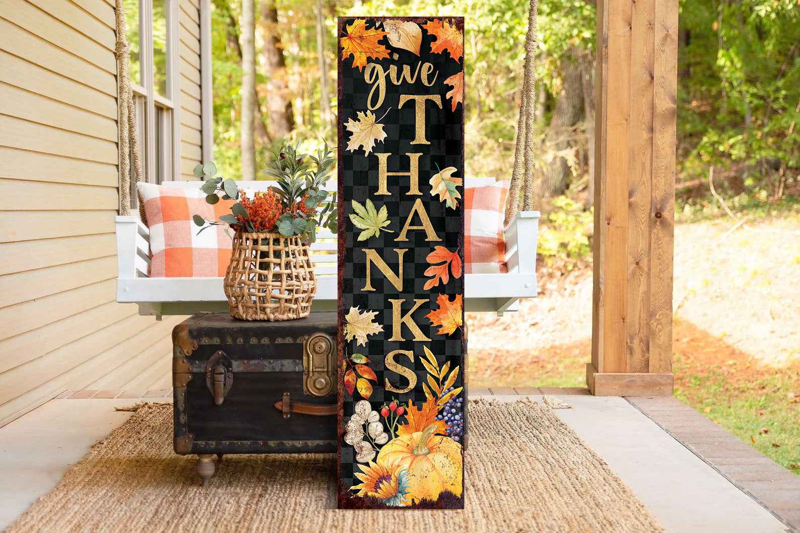 36" Black Gold And Orange Thanksgiving Autumn Leaves Solid Wood Porch Sign