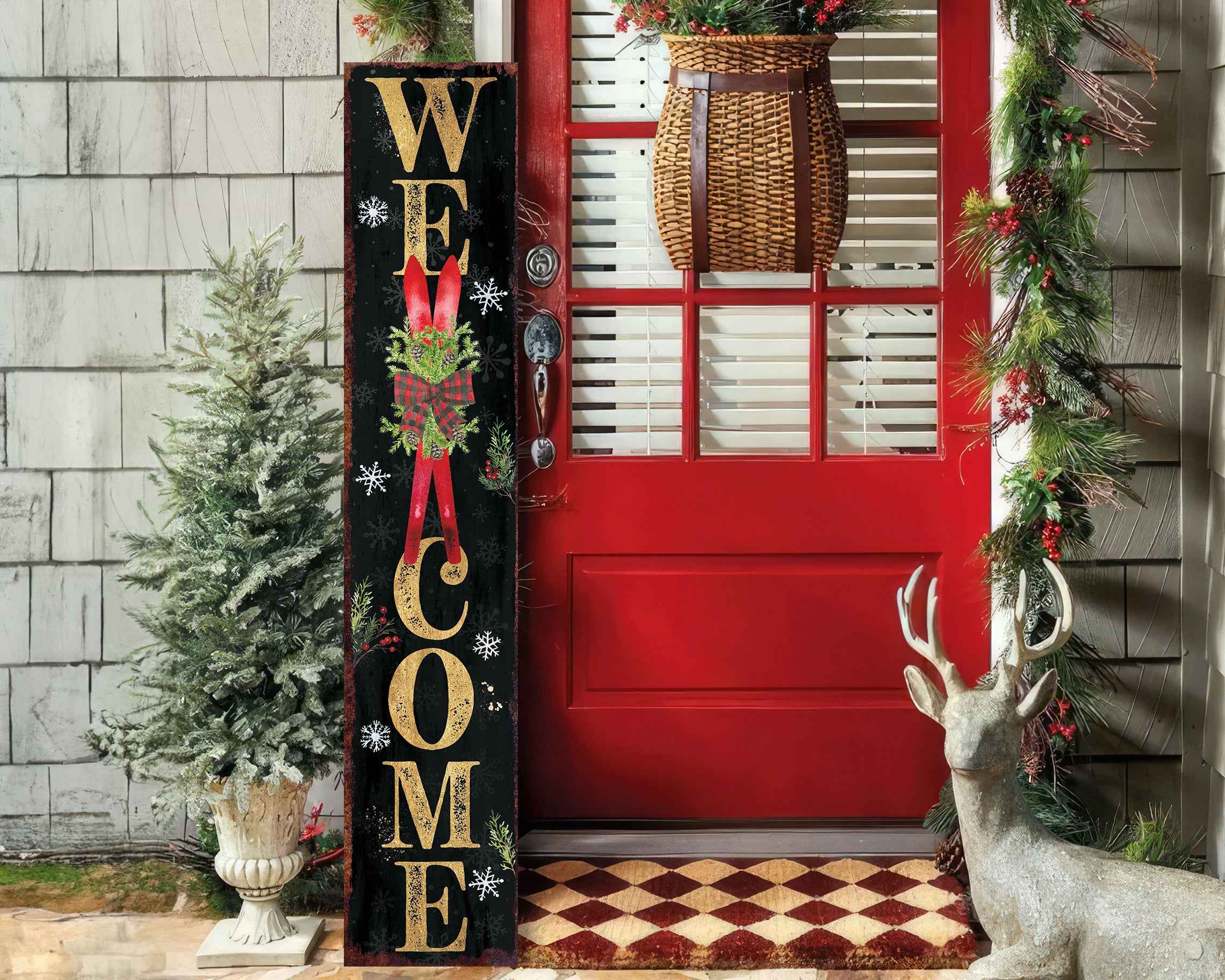 48" Black Gold Red And Green Christmas Wreath Solid Wood Porch Sign