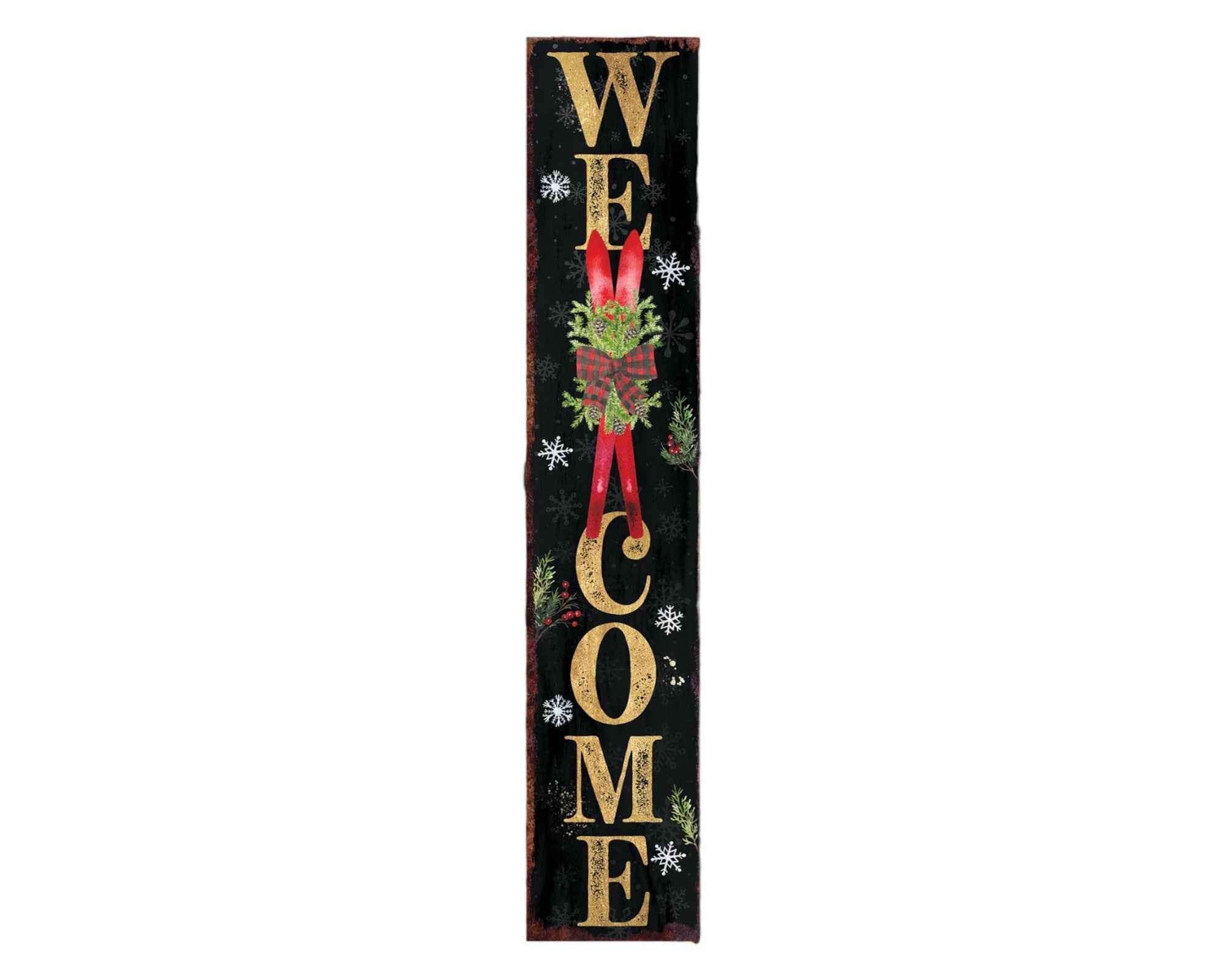 48" Black Gold Red And Green Christmas Wreath Solid Wood Porch Sign