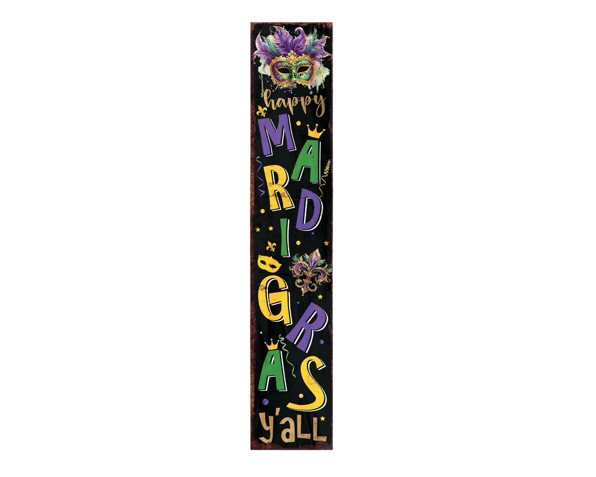 48" Black Purple Green And Yellow Mardi Gras Fireworks Solid Wood Porch Sign