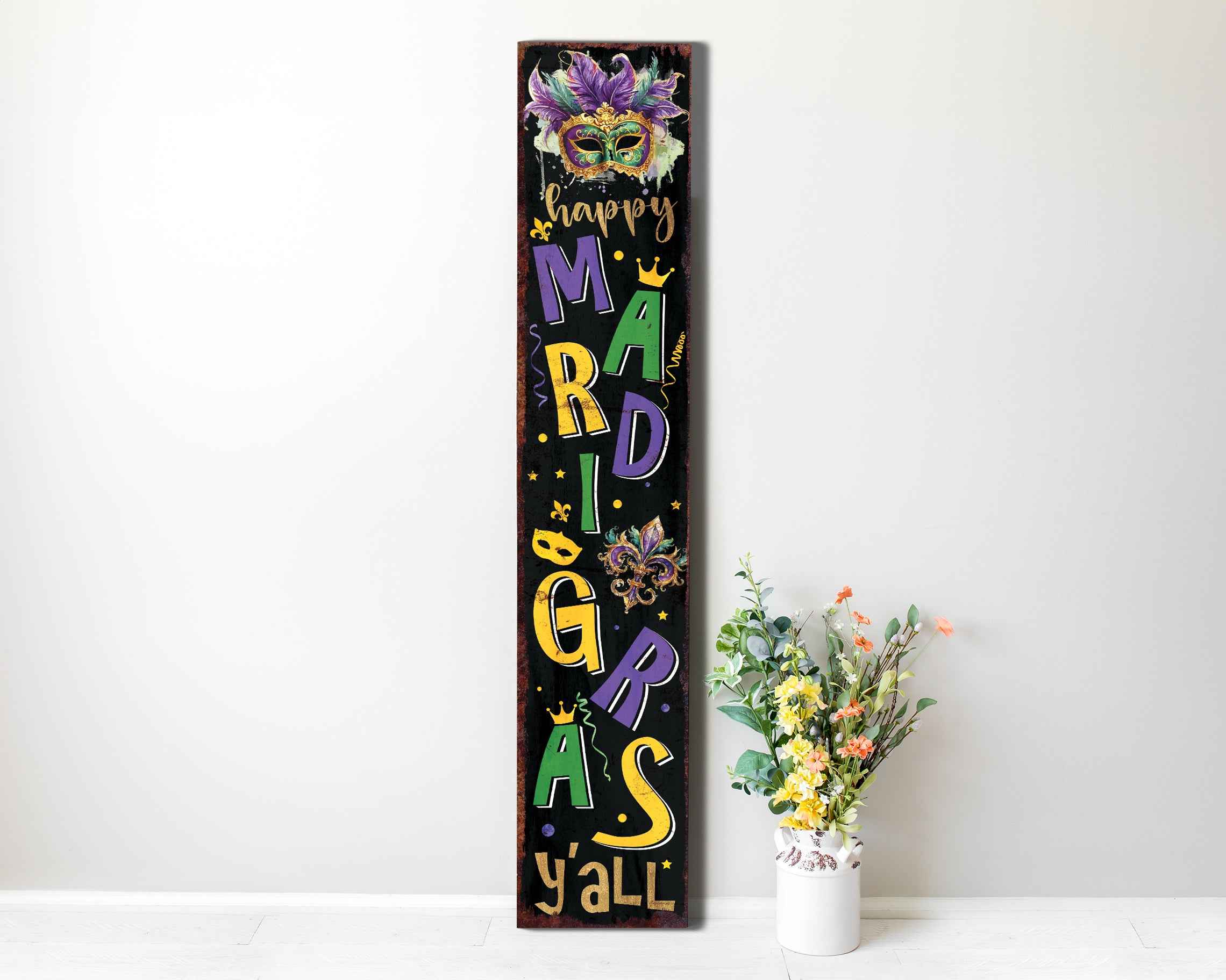 48" Black Purple Green And Yellow Mardi Gras Fireworks Solid Wood Porch Sign