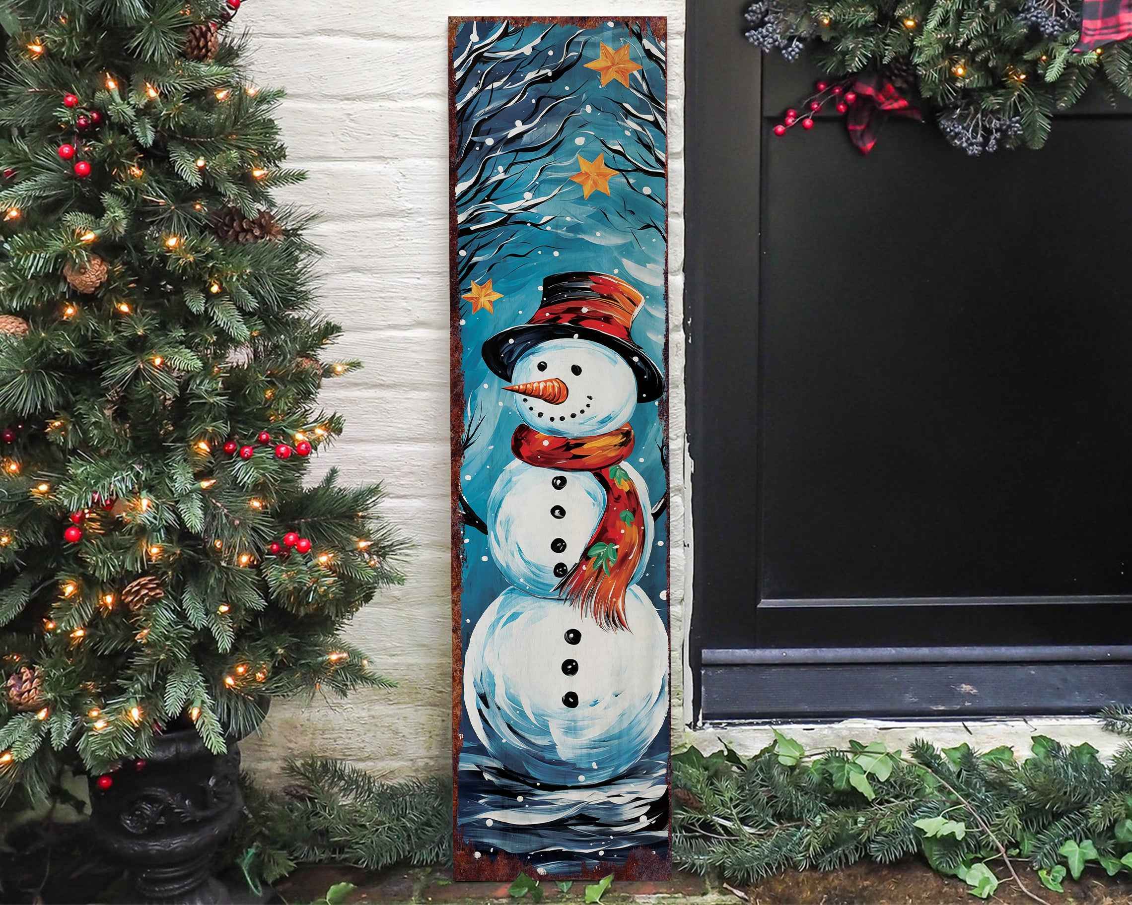 36" Blue White And Red Christmas Snowman Solid Wood Porch Sign