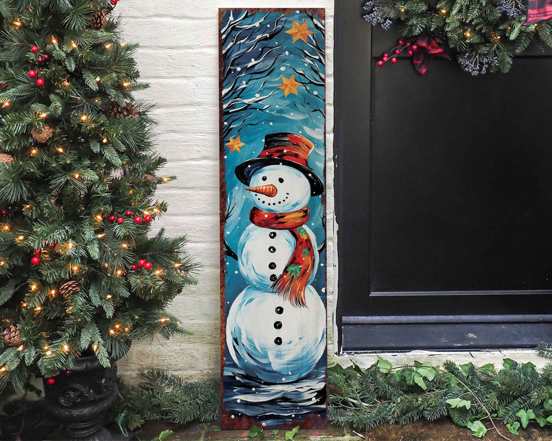 36" Blue White And Red Christmas Snowman Solid Wood Porch Sign