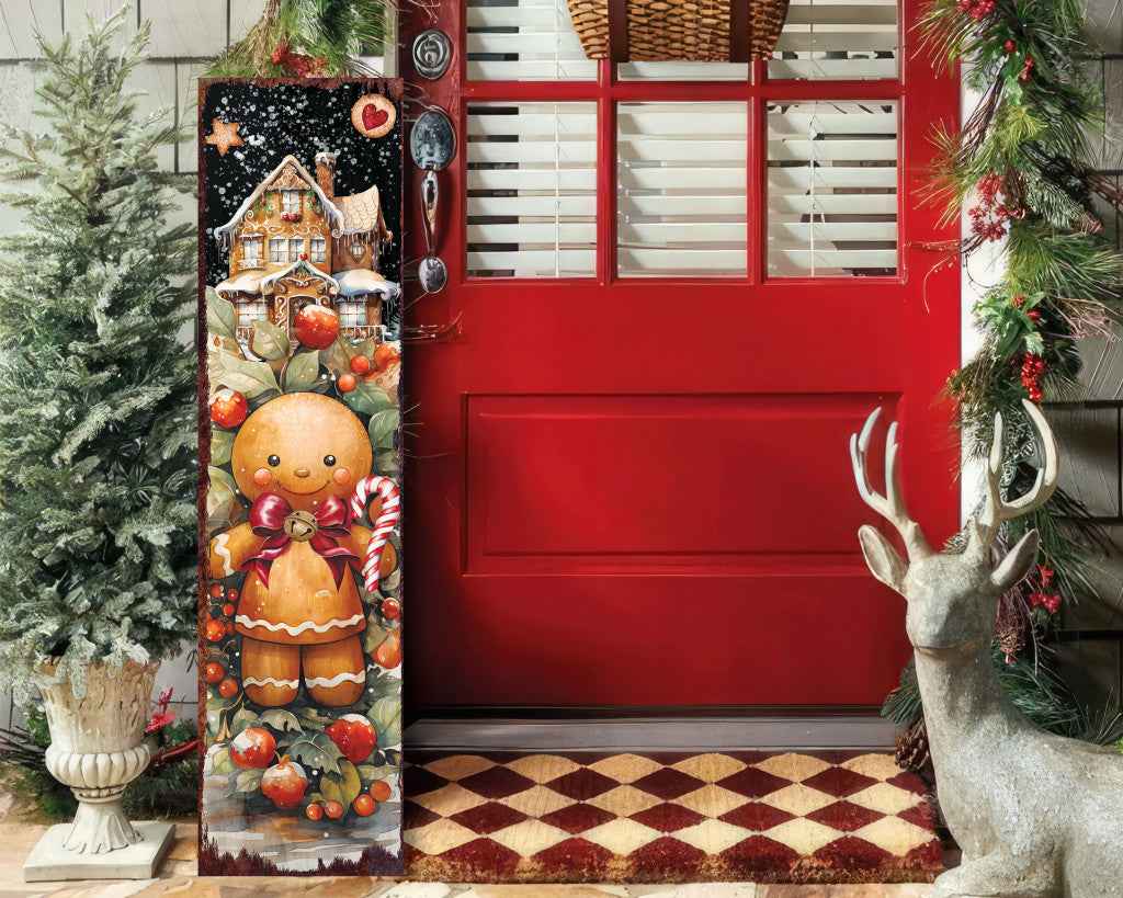 36" Black Gold Red And Green Christmas Tree Solid Wood Porch Sign