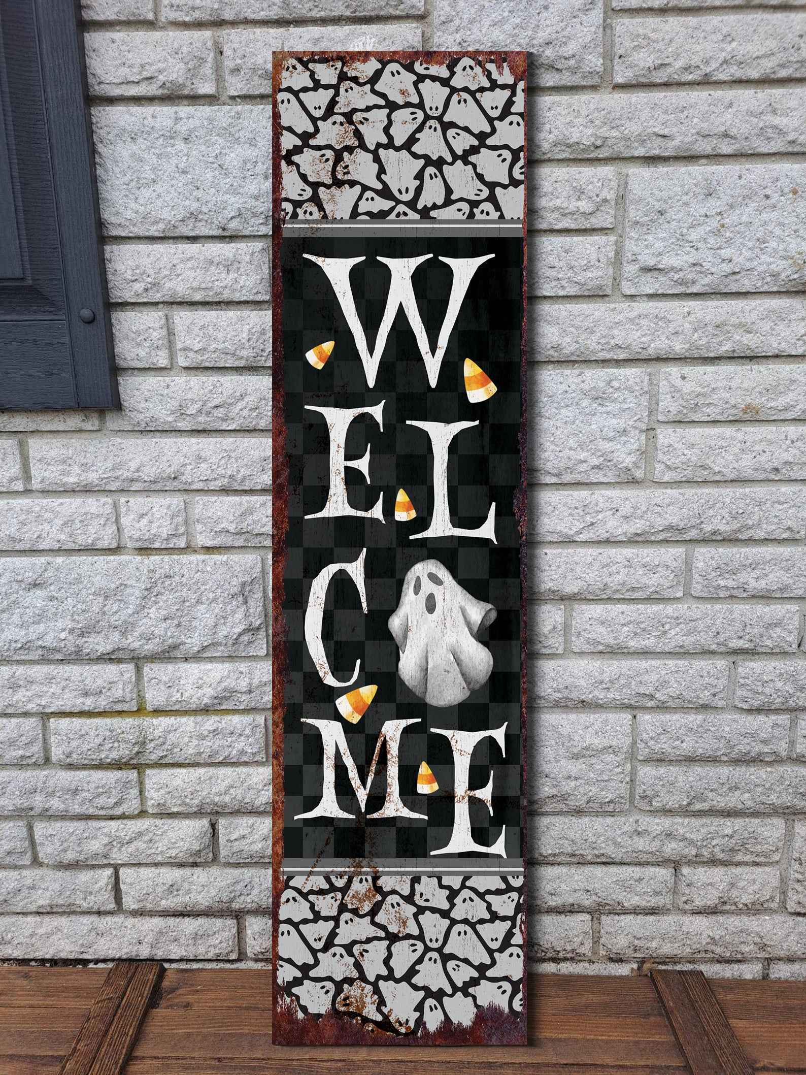 36" Black White And Orange Halloween Ghost Solid Wood Porch Sign
