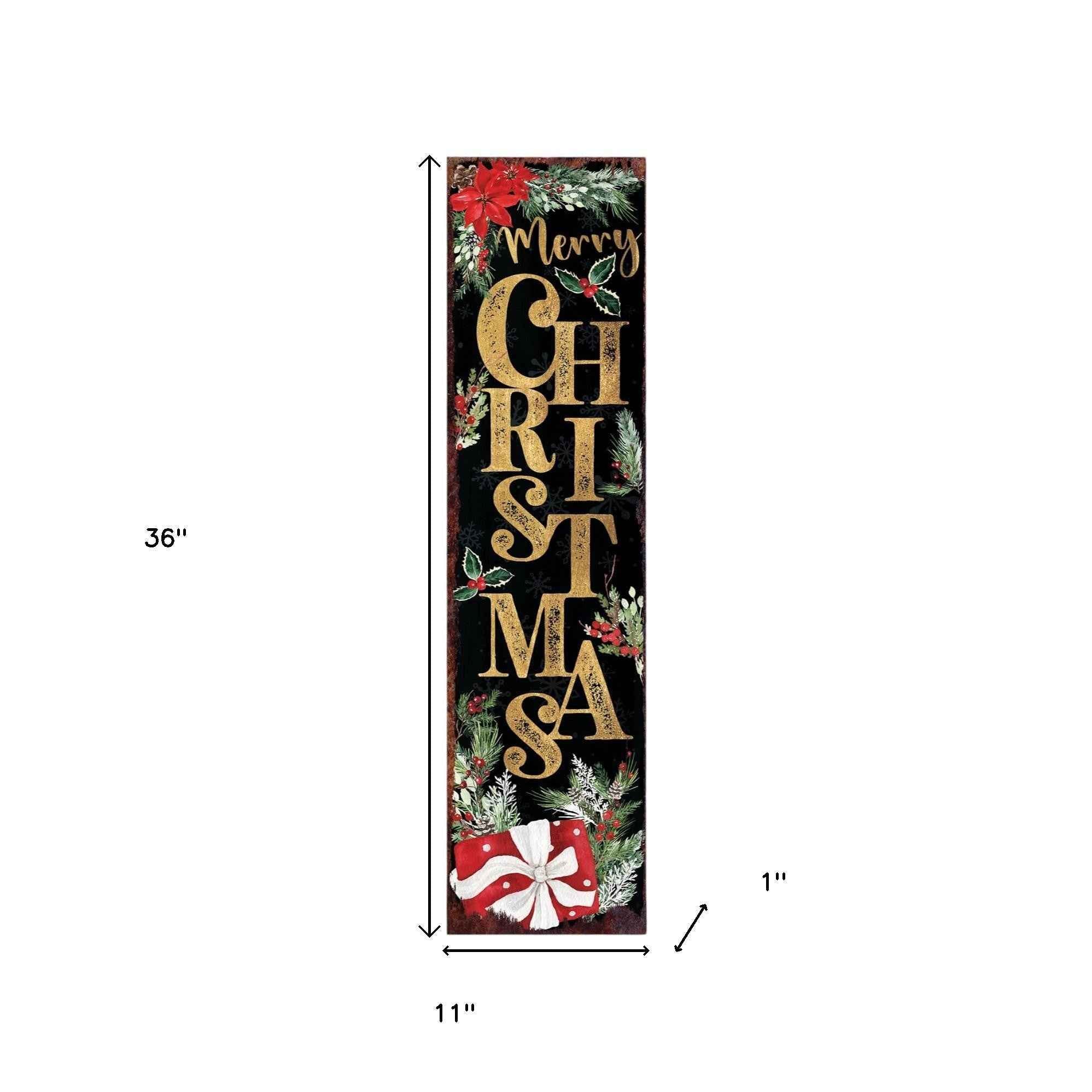 36" Black Gold Red And Green Christmas Poinsettia Solid Wood Porch Sign