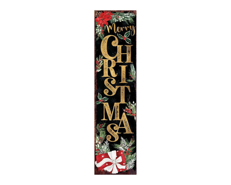 36" Black Gold Red And Green Christmas Poinsettia Solid Wood Porch Sign