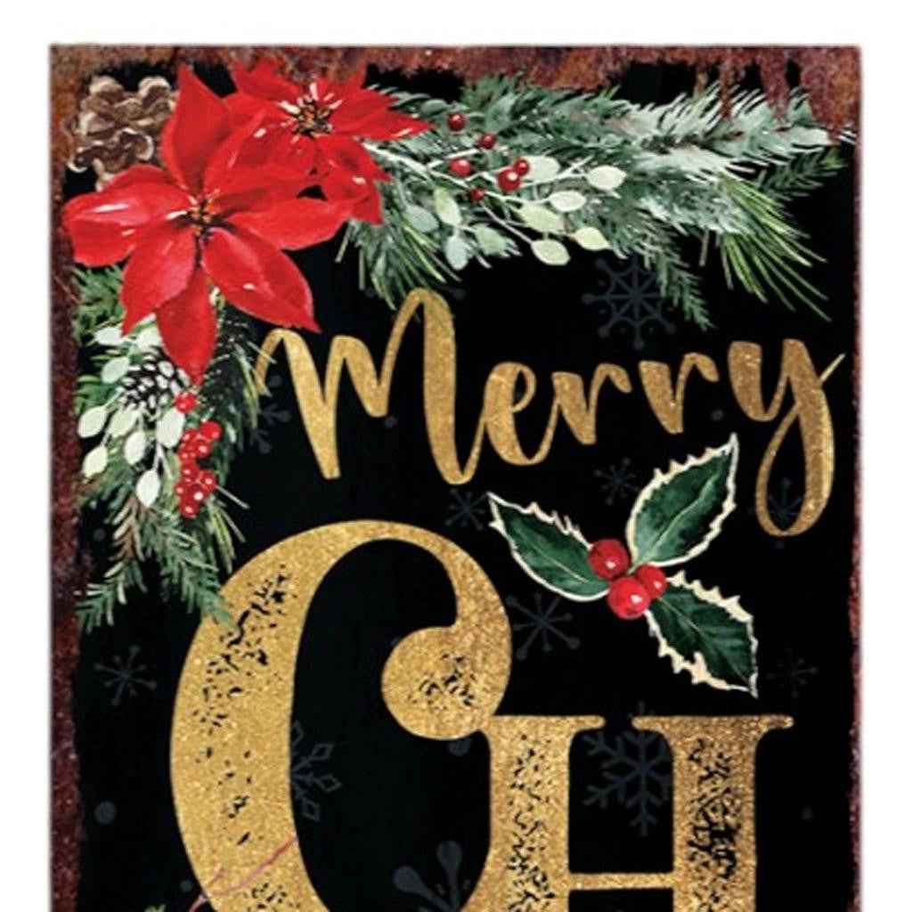 36" Black Gold Red And Green Christmas Poinsettia Solid Wood Porch Sign