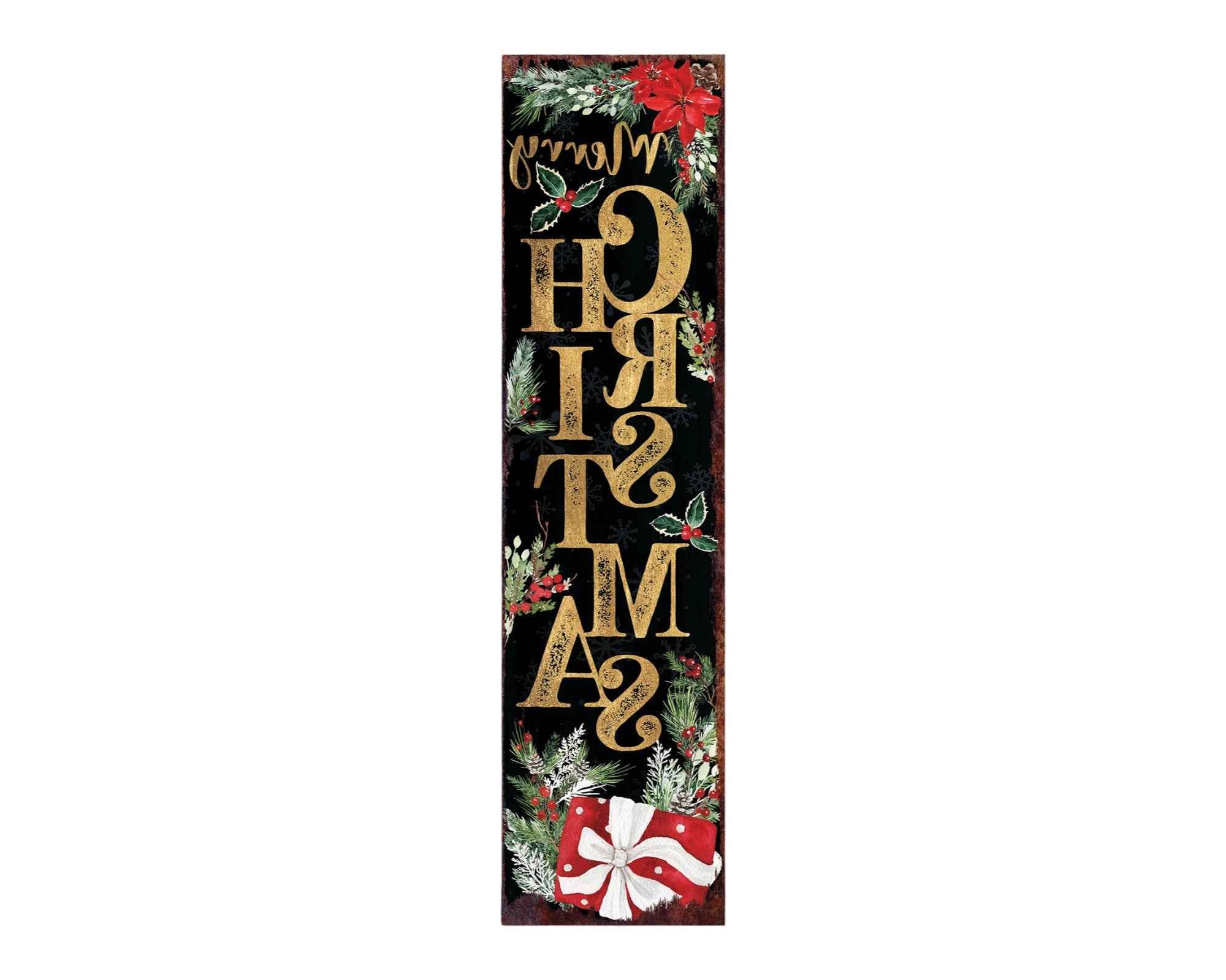 36" Black Gold Red And Green Christmas Poinsettia Solid Wood Porch Sign