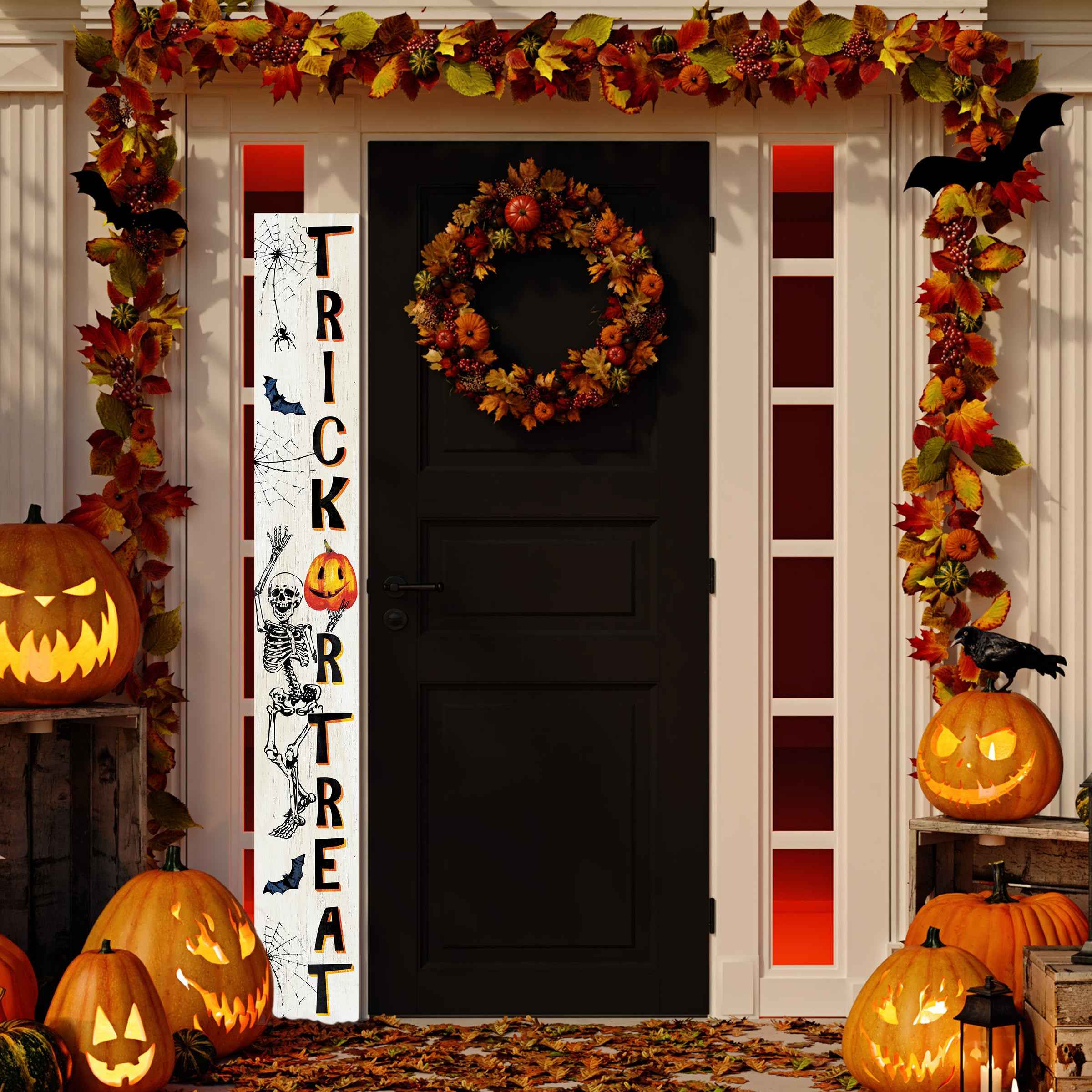 72" White Black And Orange Halloween Ghost Solid Wood Porch Sign