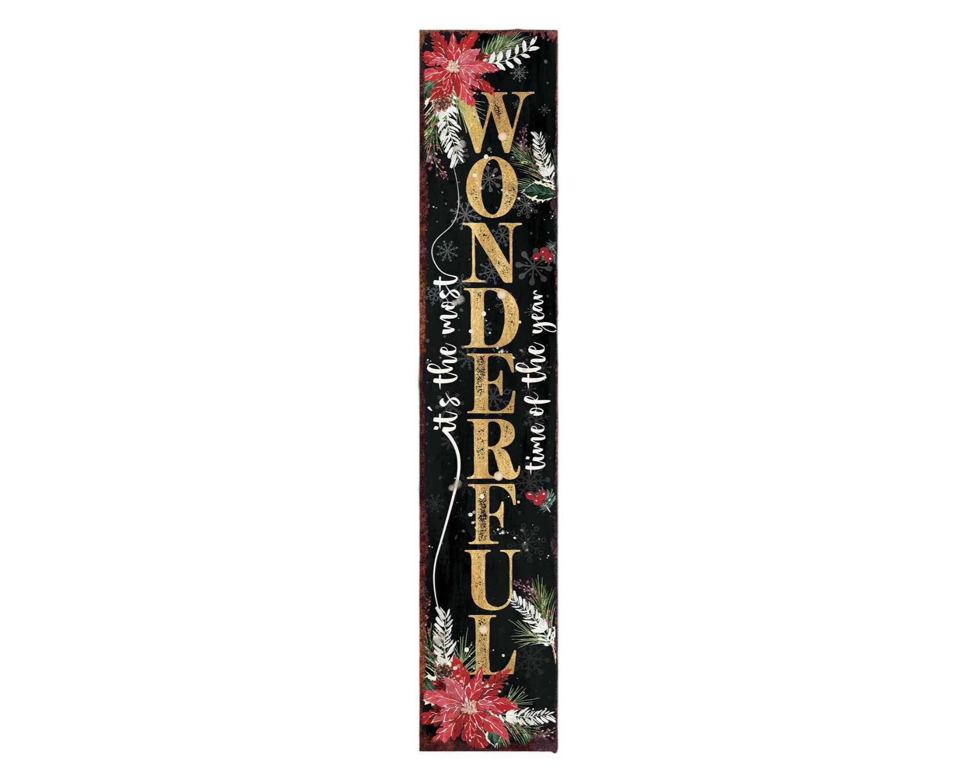 48" Black Gold Red And Green Christmas Poinsettia Solid Wood Porch Sign