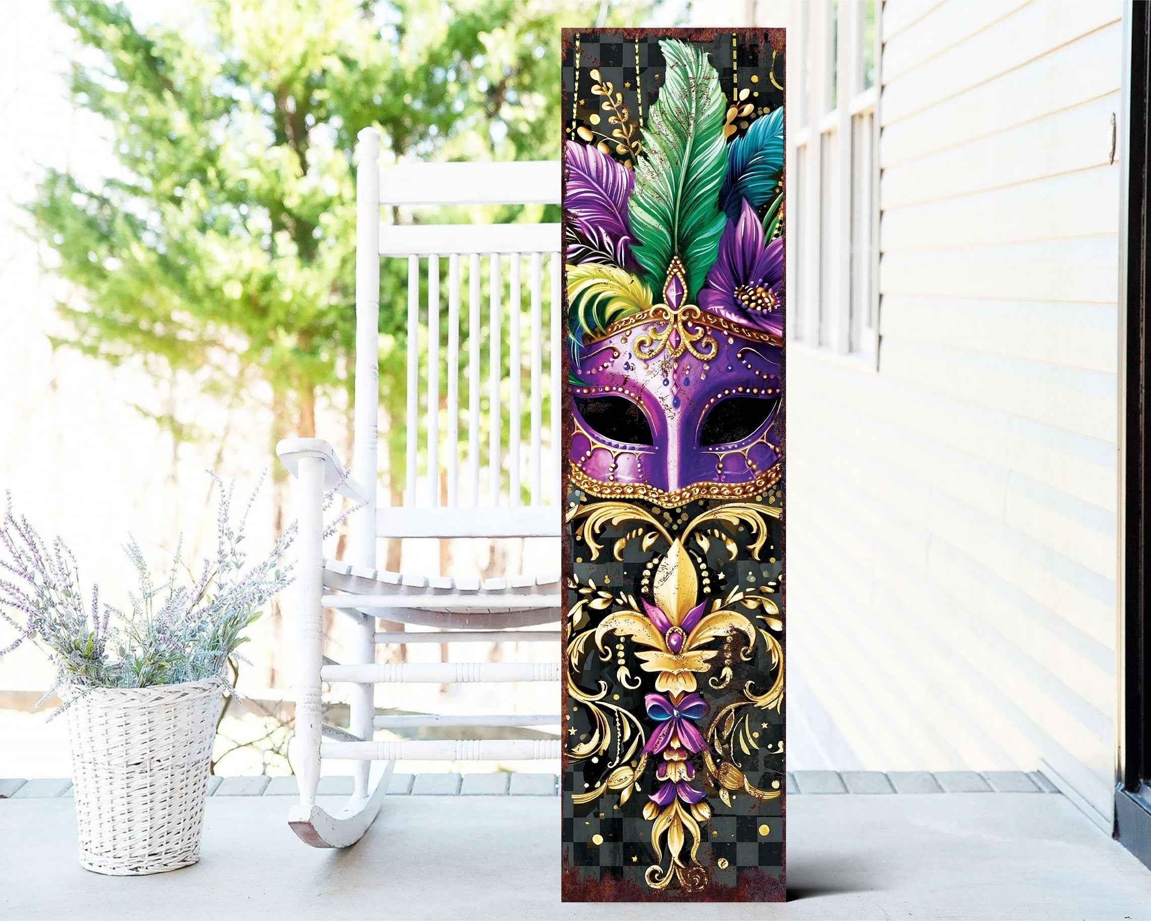 36" Black Gold Purple And Green Mardi Gras Fireworks Solid Wood Porch Sign