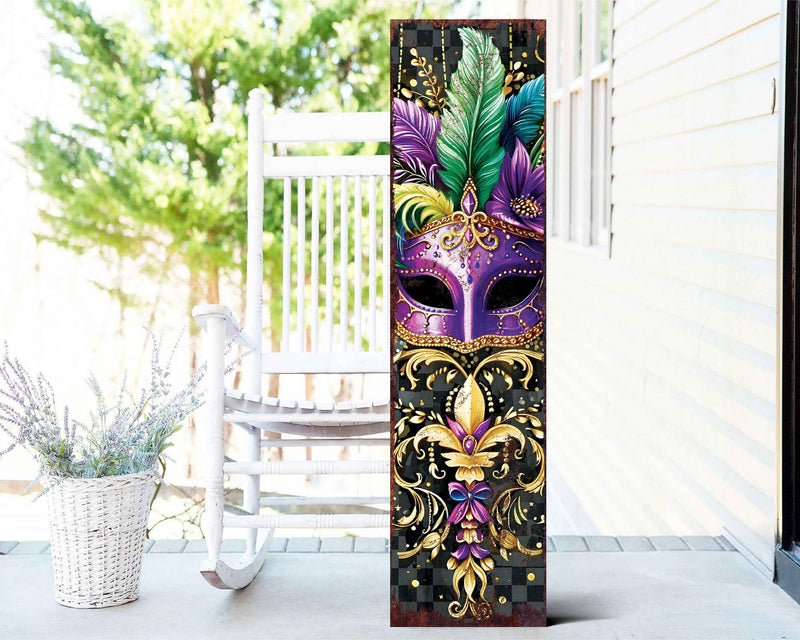 36" Black Gold Purple And Green Mardi Gras Fireworks Solid Wood Porch Sign