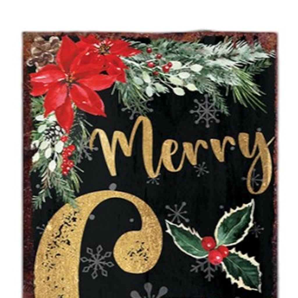 48" Black Gold Red And Green Christmas Poinsettia Solid Wood Porch Sign