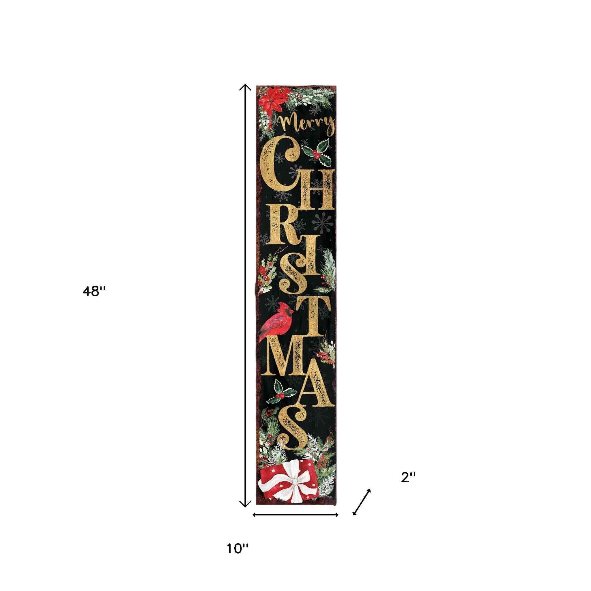 48" Black Gold Red And Green Christmas Poinsettia Solid Wood Porch Sign