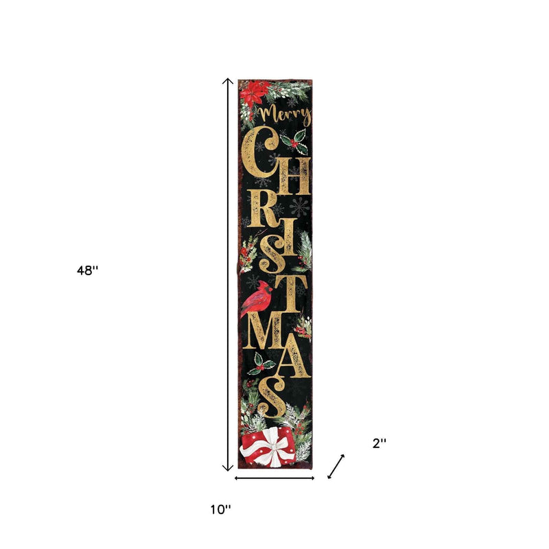 48" Black Gold Red And Green Christmas Poinsettia Solid Wood Porch Sign