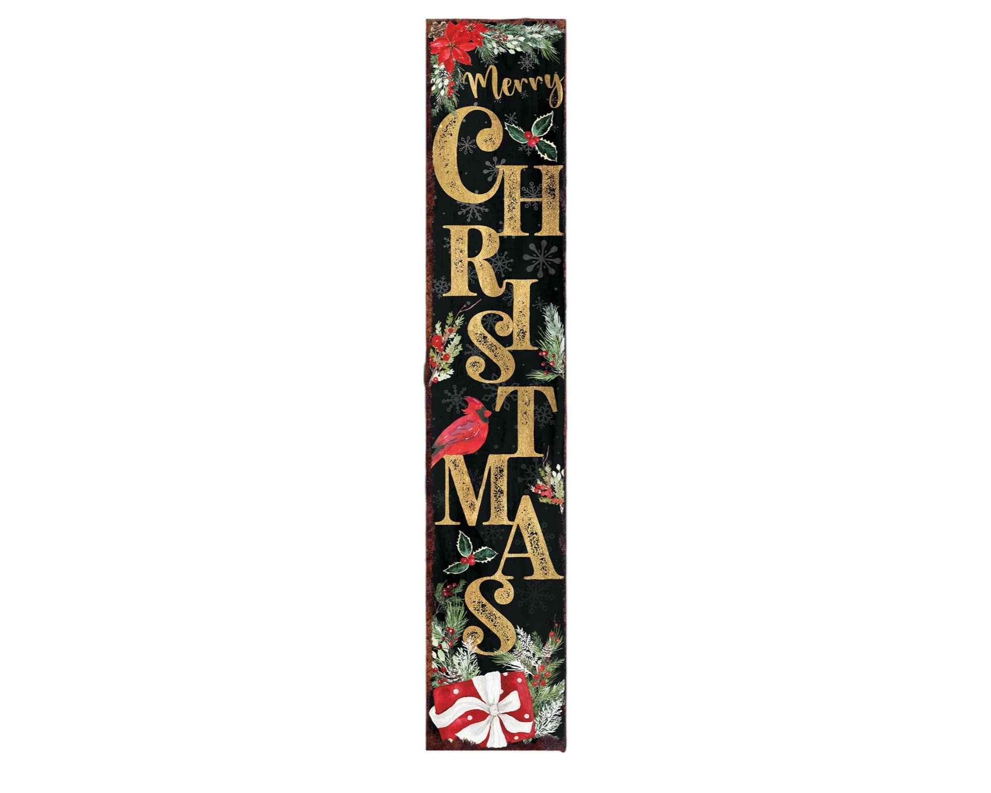 48" Black Gold Red And Green Christmas Poinsettia Solid Wood Porch Sign