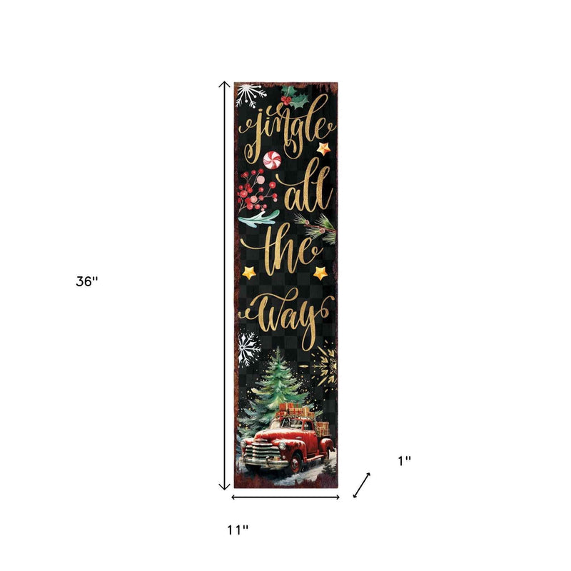 36" Black Gold Red And Green Christmas Holiday Red Truck Solid Wood Porch Sign