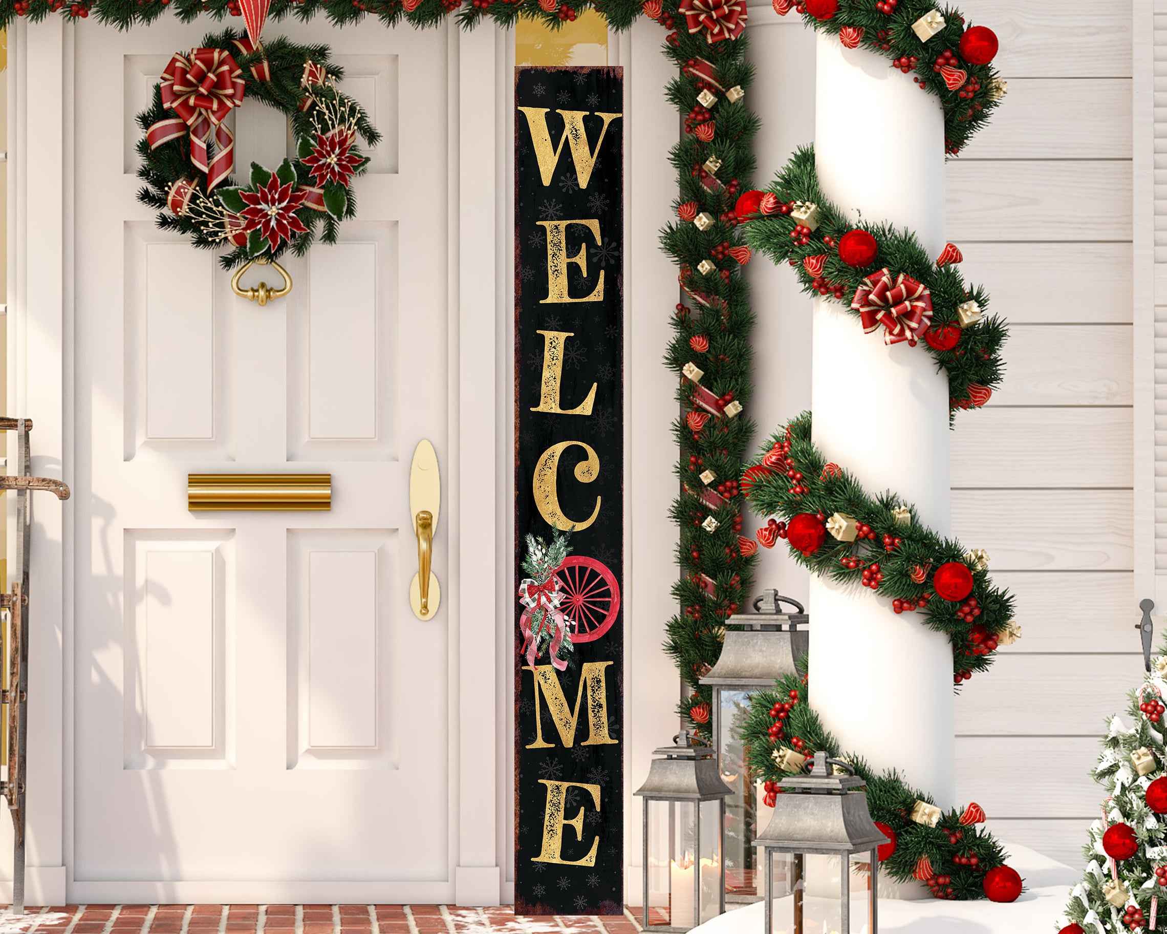 72" Black Gold Red And Green Christmas Wreath Solid Wood Porch Sign