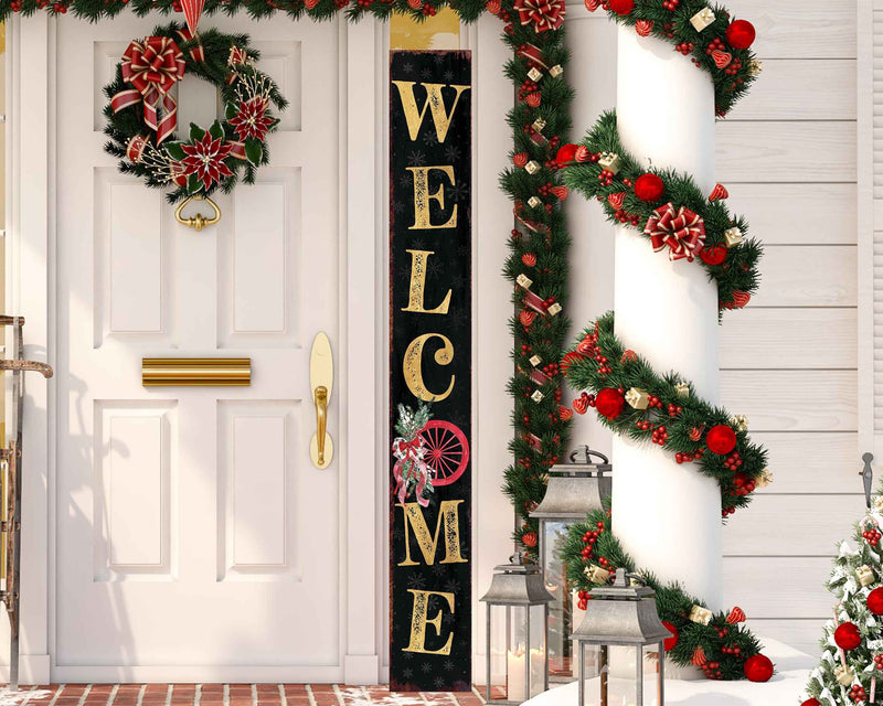 72" Black Gold Red And Green Christmas Wreath Solid Wood Porch Sign