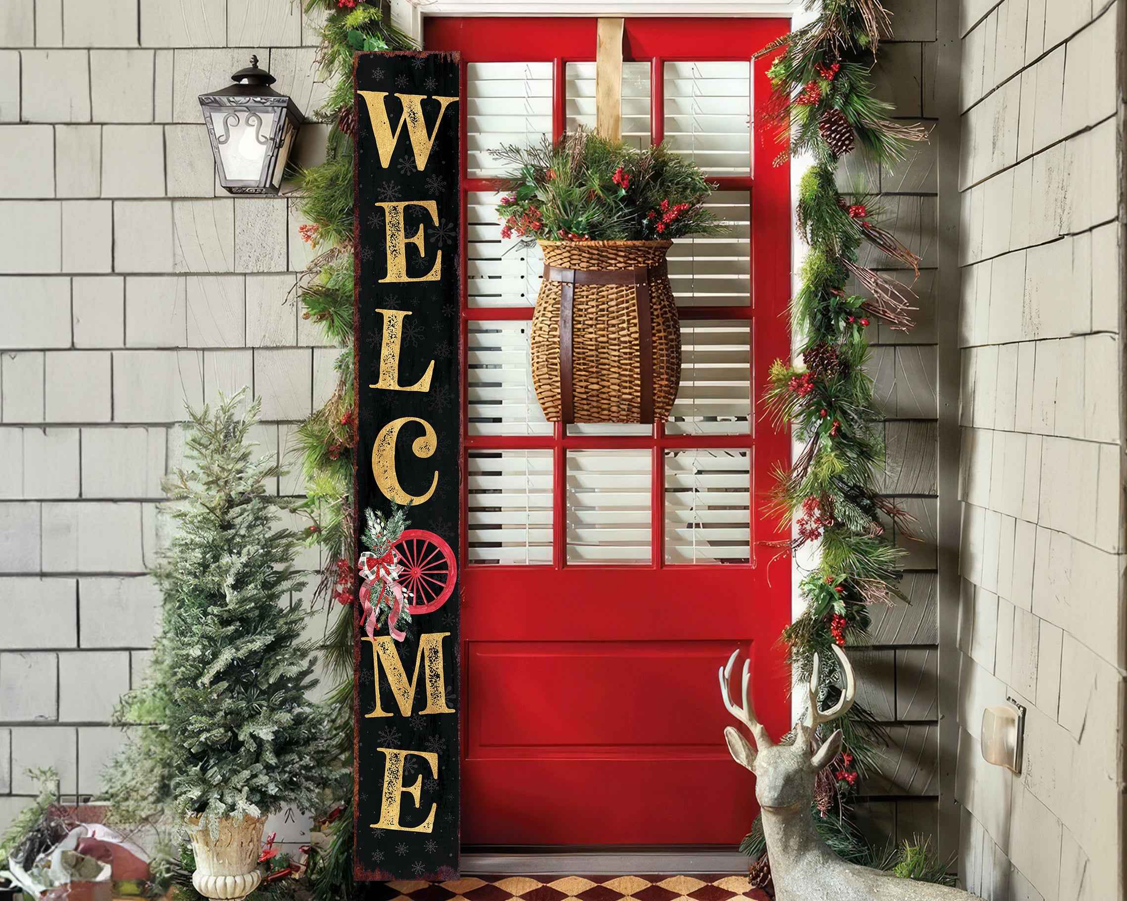 72" Black Gold Red And Green Christmas Wreath Solid Wood Porch Sign