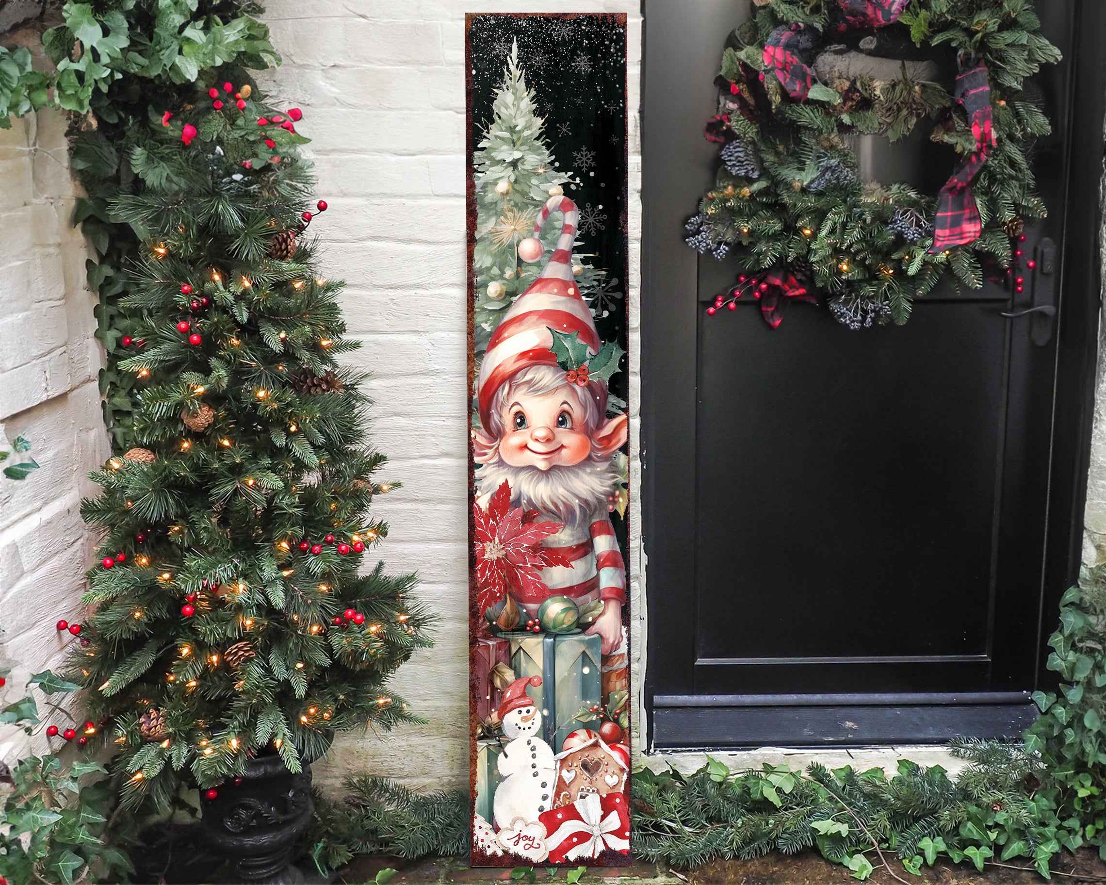 48" Black White Red And Green Christmas Tree Solid Wood Porch Sign