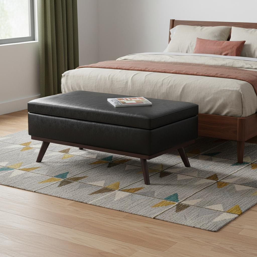 42" Black and Brown Leather Cocktail Ottoman With Storage