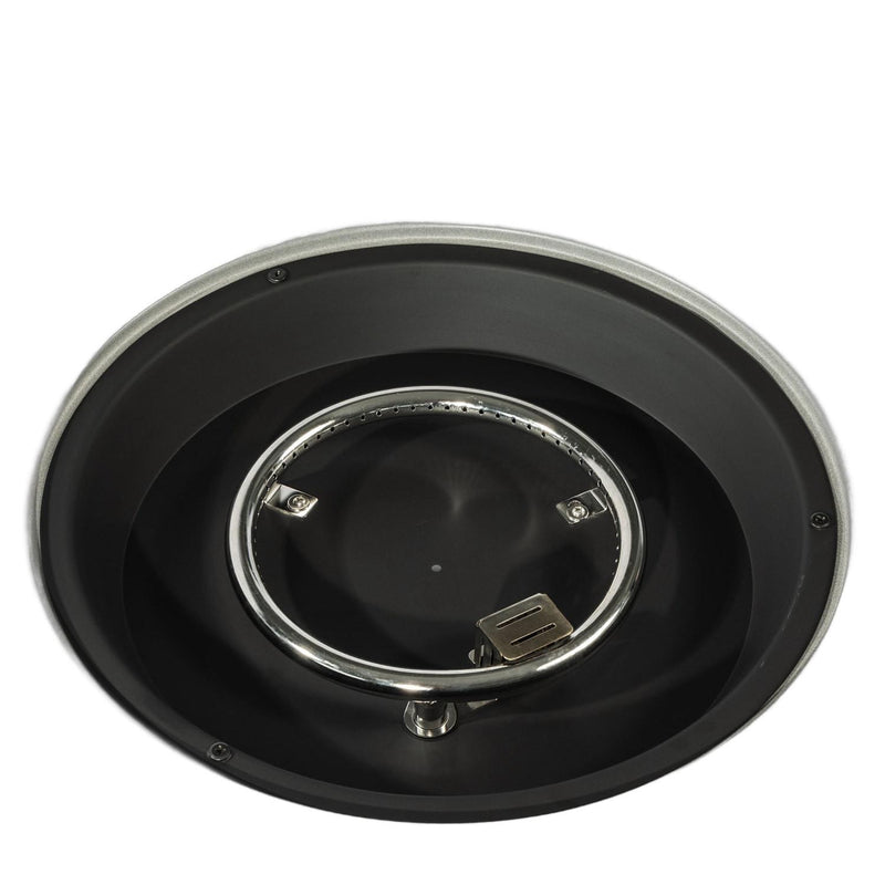 Round fire pit burner cover with black base, chrome ring, and mounting clips