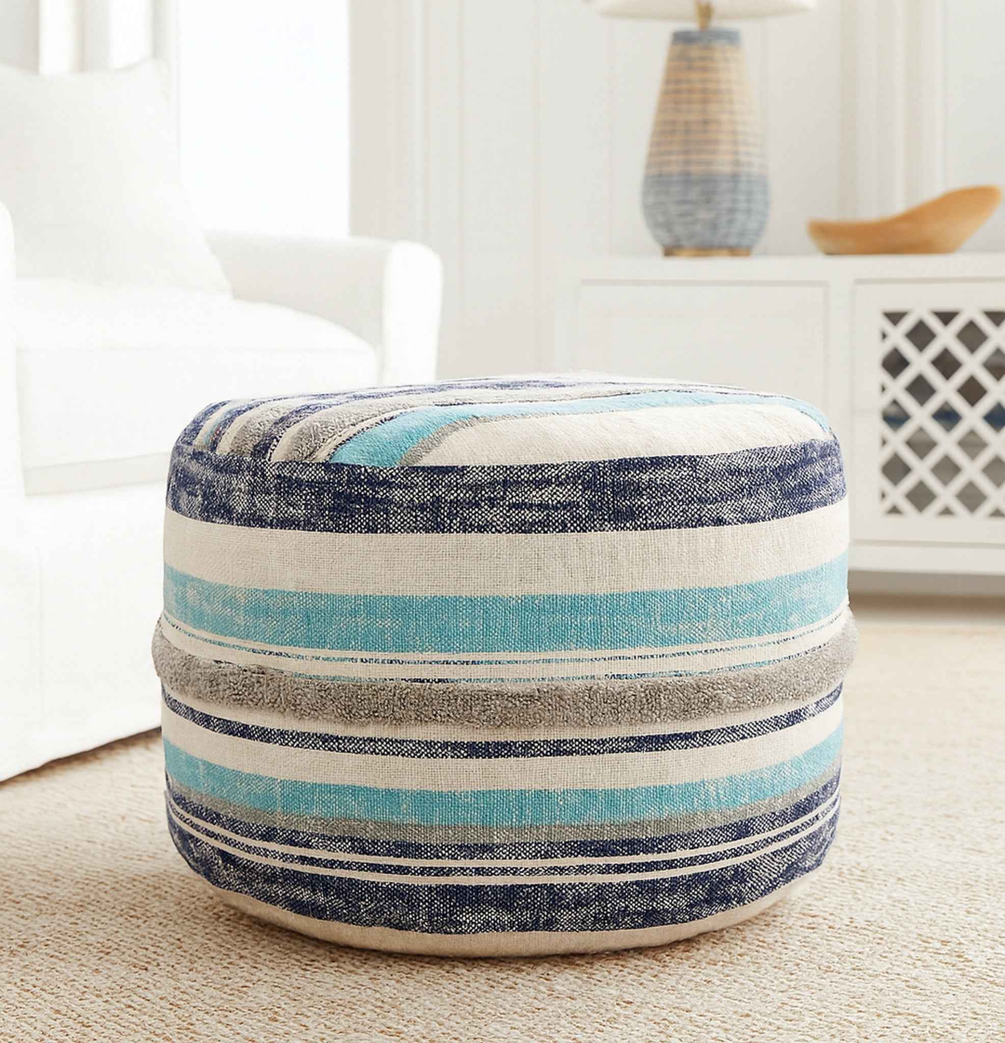 18" Blue Cotton Cylinder Striped Pouf Ottoman