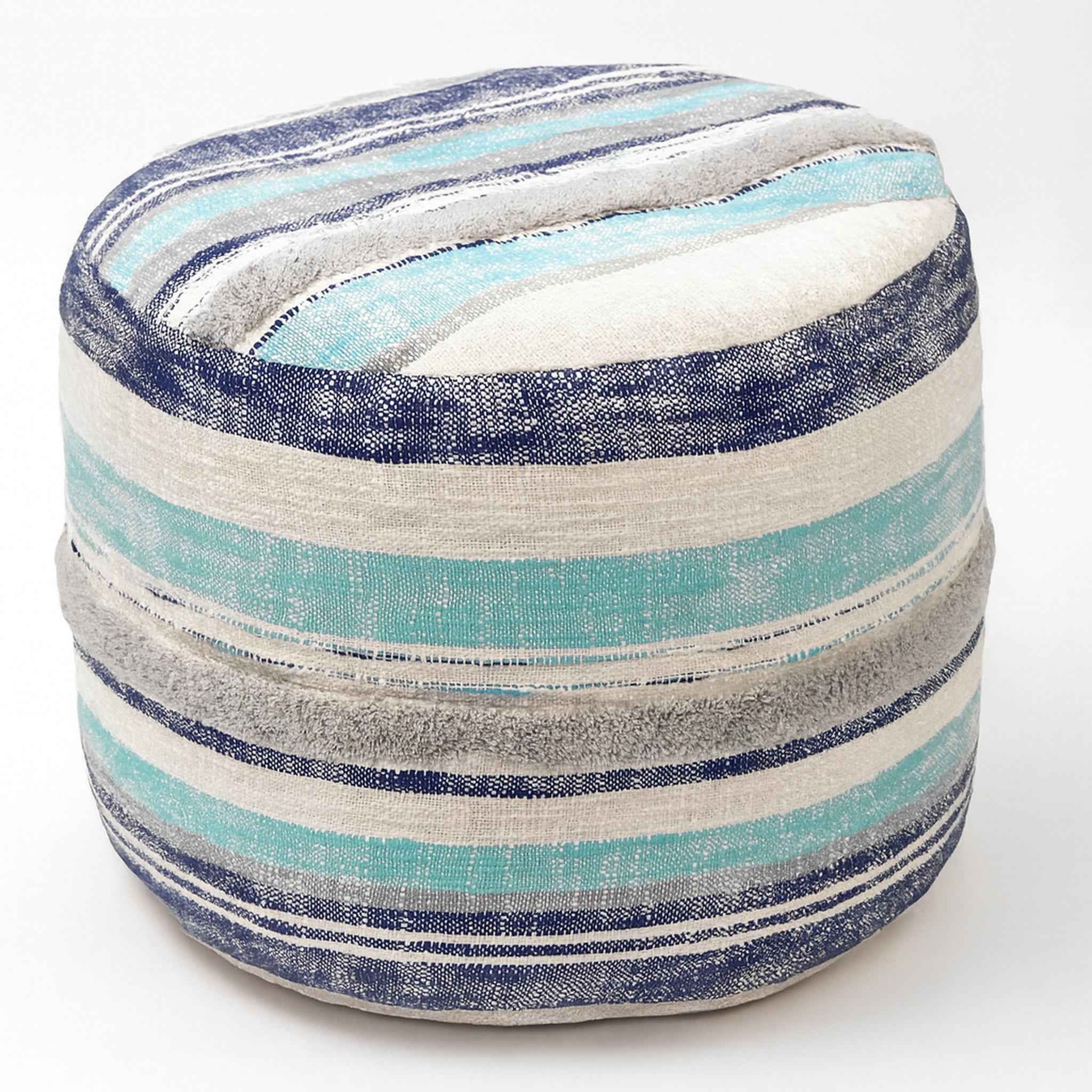 18" Blue Cotton Cylinder Striped Pouf Ottoman