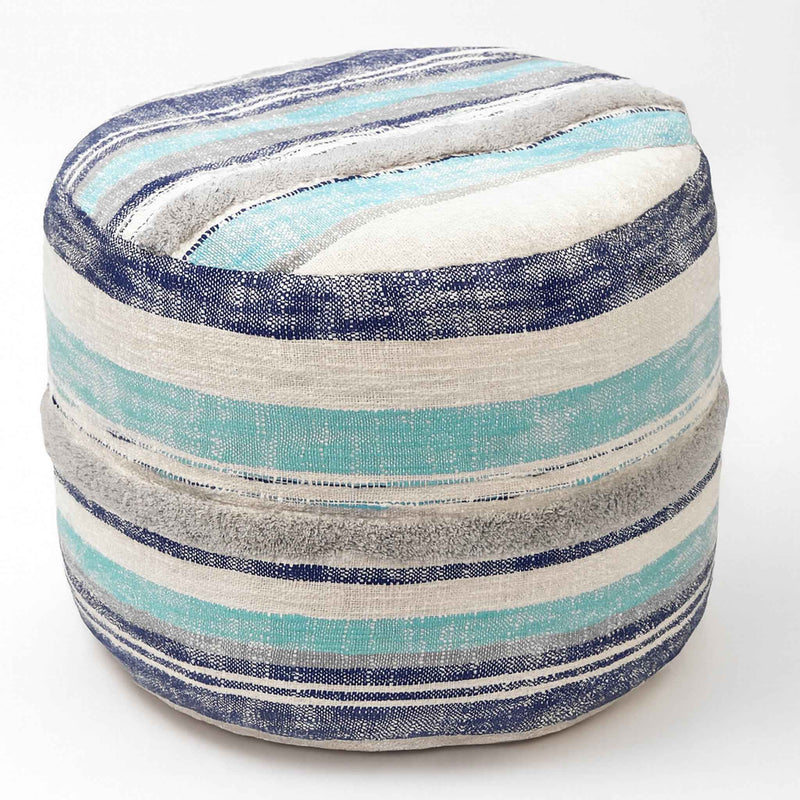 18" Blue Cotton Cylinder Striped Pouf Ottoman