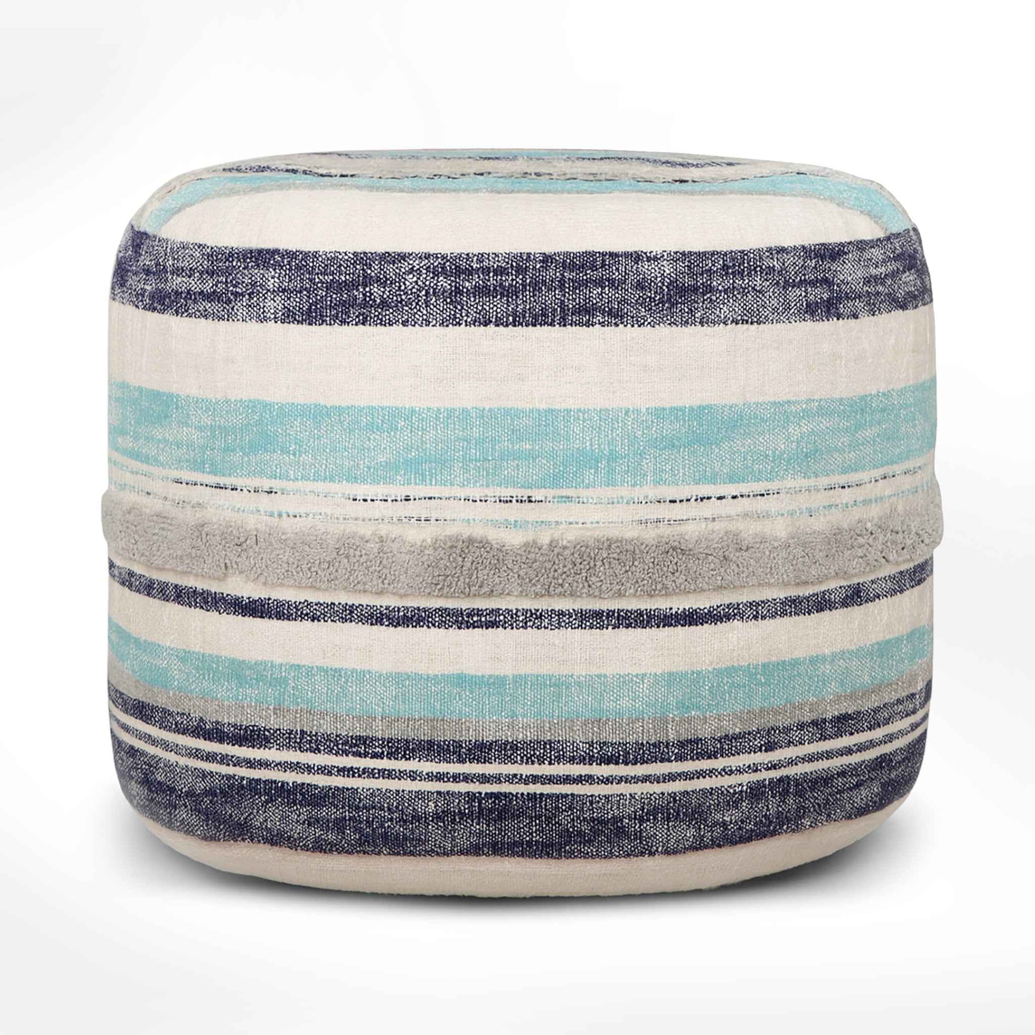 18" Blue Cotton Cylinder Striped Pouf Ottoman