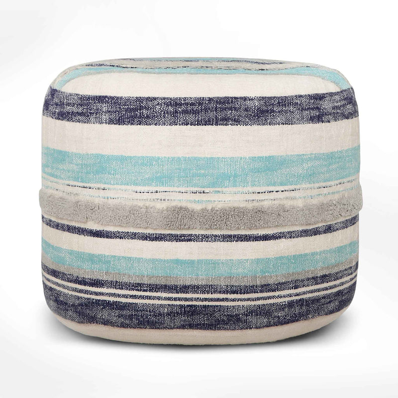 18" Blue Cotton Cylinder Striped Pouf Ottoman