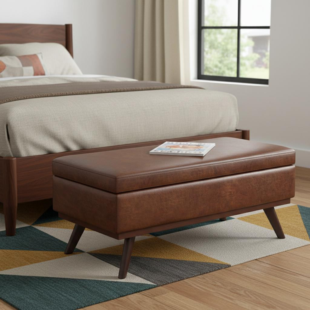 42" Brown Leather Cocktail Ottoman With Storage