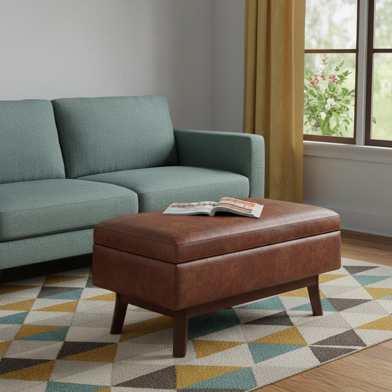 36" Brown Leather Cocktail Ottoman With Storage