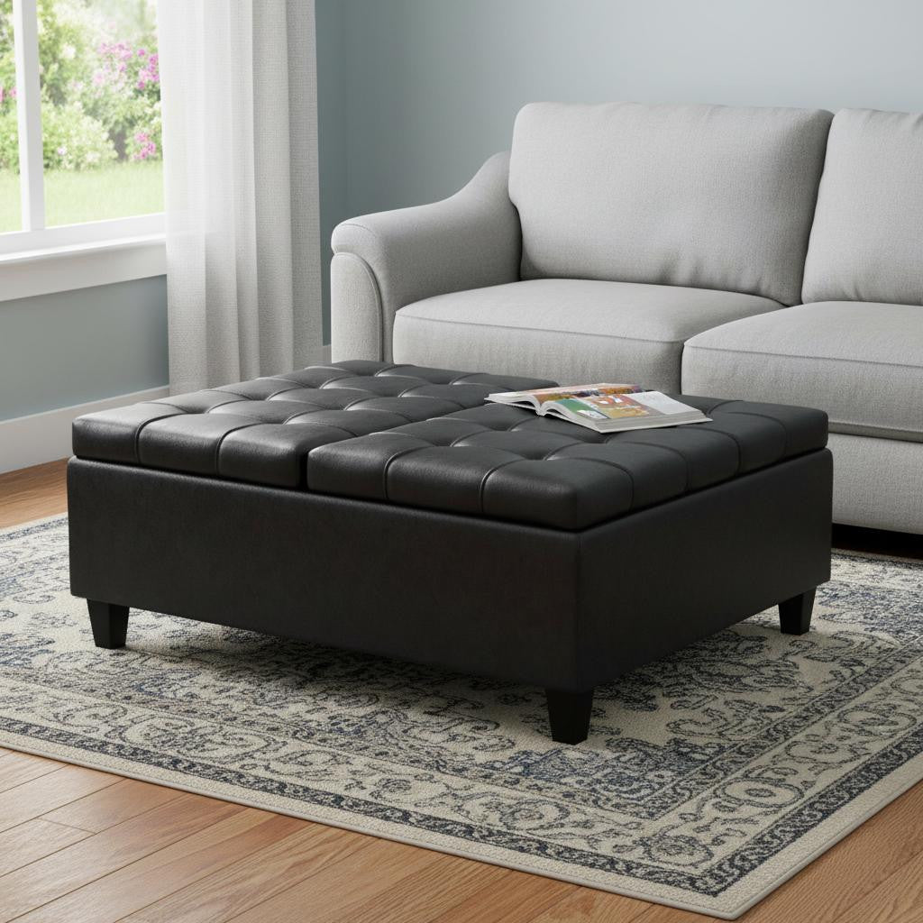 40" Black Leather Cocktail Ottoman With Storage Default Title