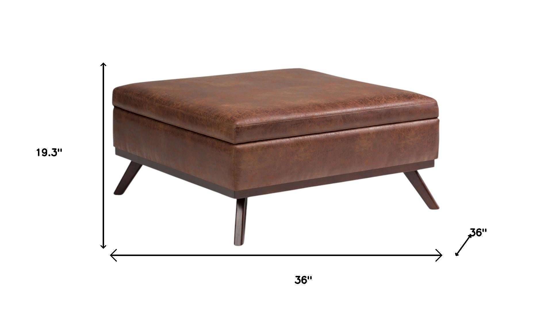 36" Brown Leather Cocktail Ottoman With Storage