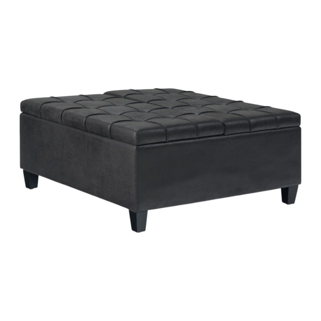 36" Black and Espresso Leather Cocktail Ottoman With Storage