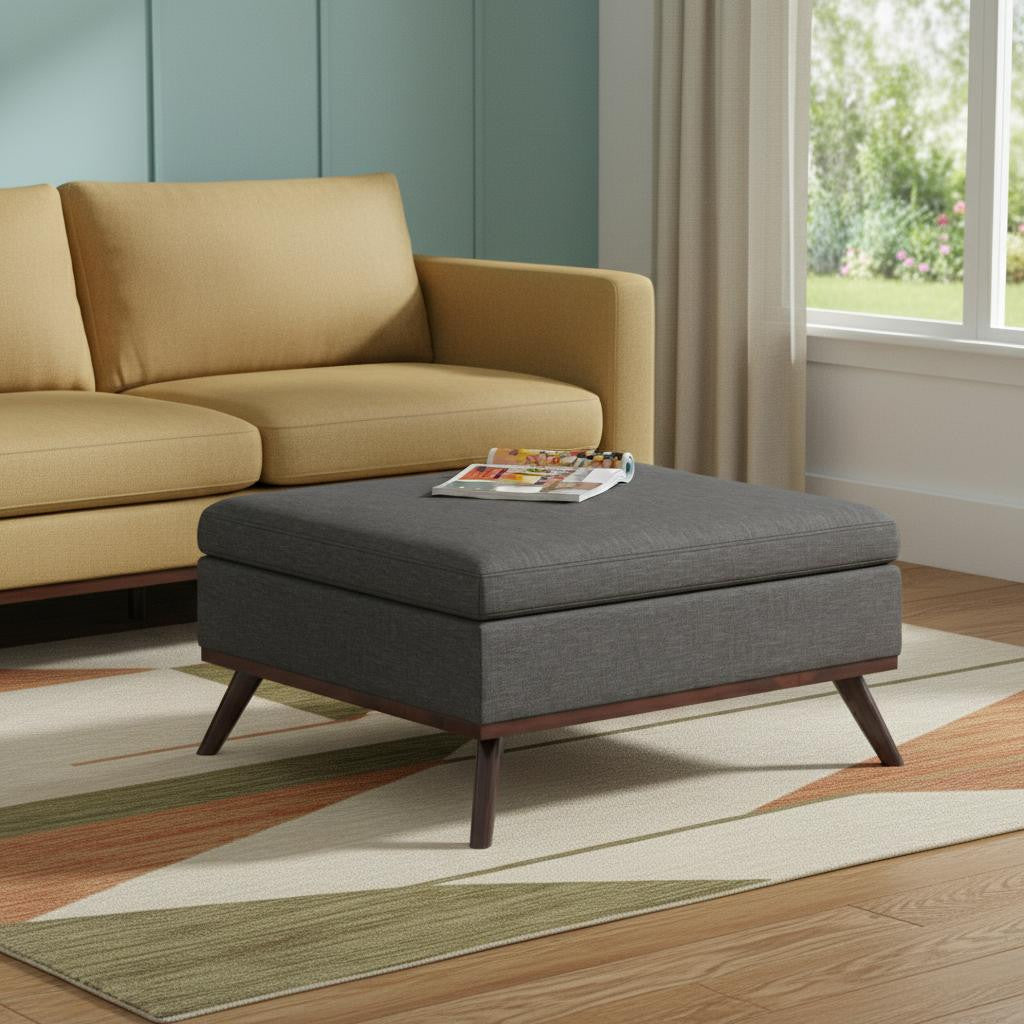 36" Gray and Brown Linen Cocktail Ottoman With Storage