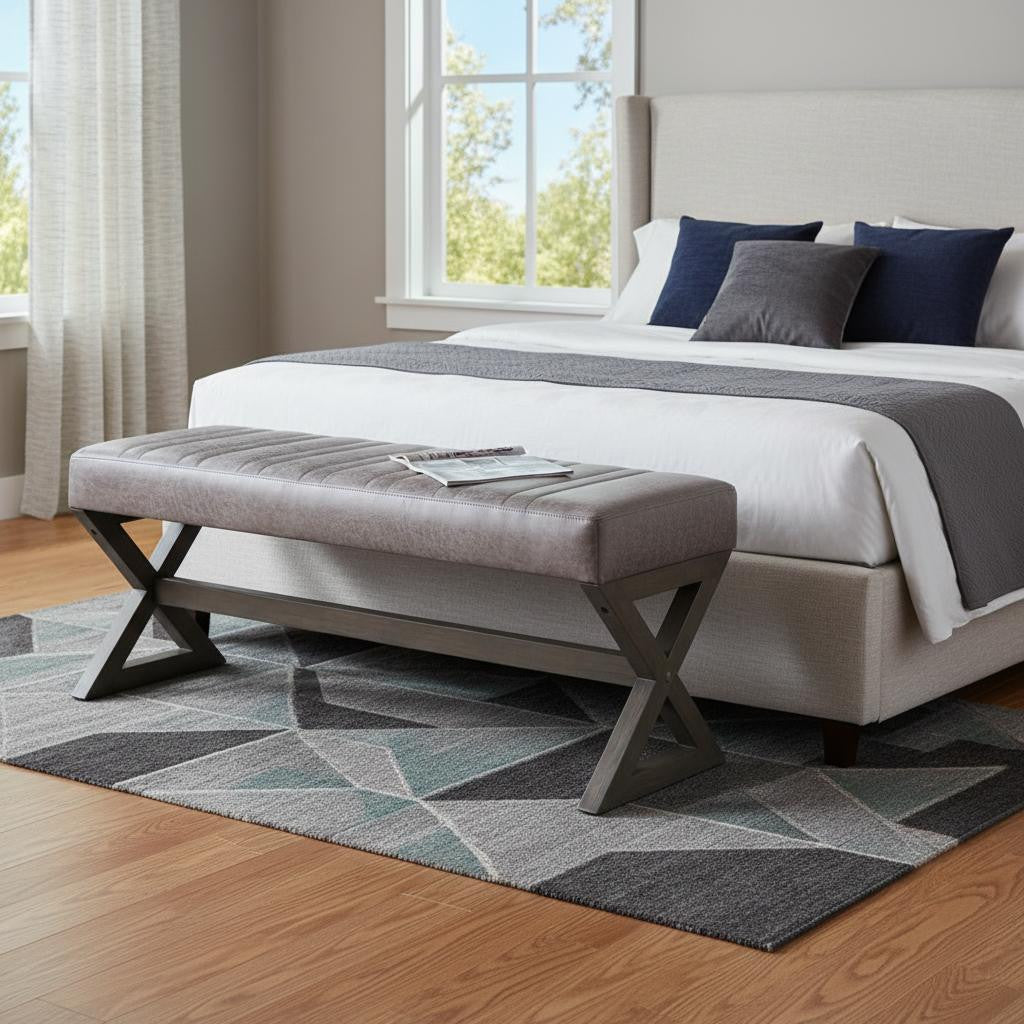 48" Gray and Brown Leather Ottoman