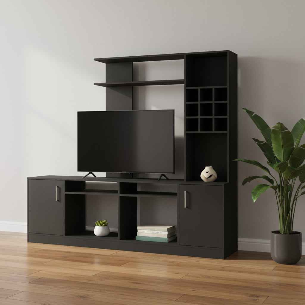 78" Black Particle Board Open Shelving Entertainment Center