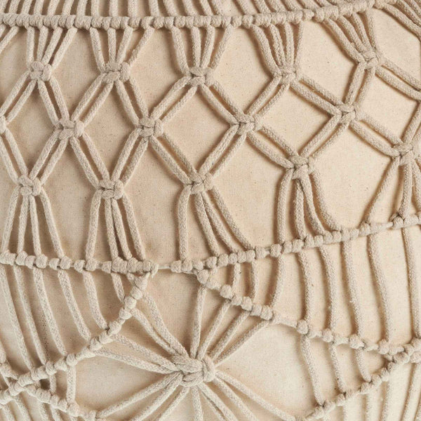 20" Cream Cotton Tufted Round Geometric Pouf Ottoman