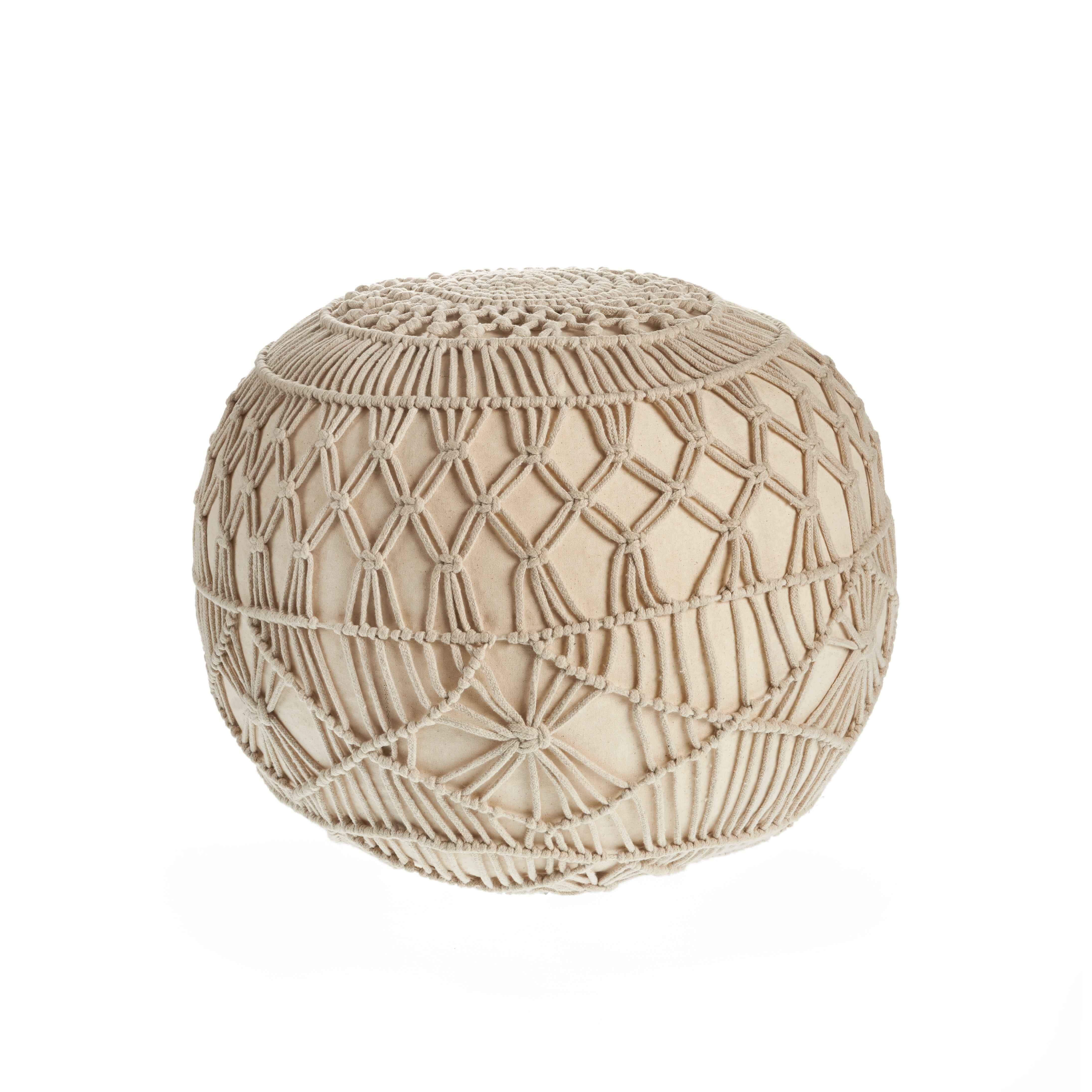 20" Cream Cotton Tufted Round Geometric Pouf Ottoman