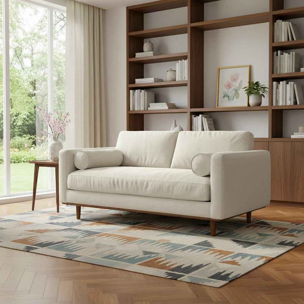 72" Cream Fabric Sofa With Brown Legs